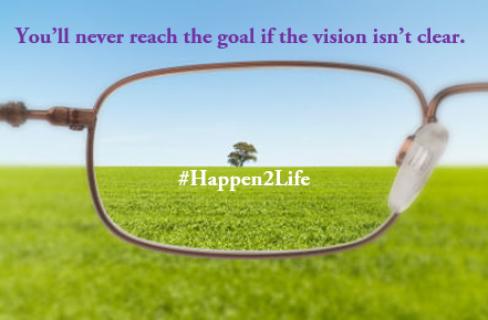Image showing the prospective from one lens in a pair of glasses that is focused on a tree in the distance. Includes #Happen2Life