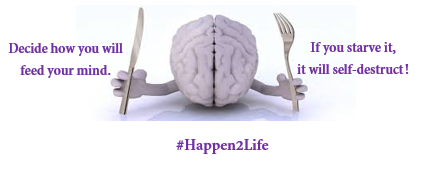 image of a brain witha fork in one hand and a knife in the other hand as if it were preparing to eat. Includes #Happen2Life