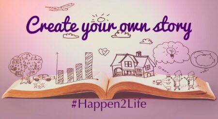 Image of an open book with drawings of a tree, house, airplane in the clouds, graph showing growth and two people with ideas sitting on top of the page. Includes #Happen2Life